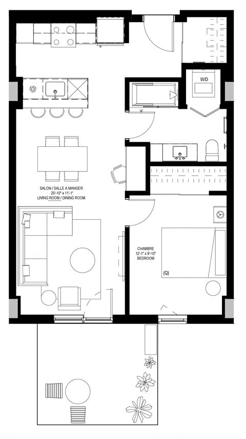 Floor plan for 1 bed, 1 bath, 683 sqft
